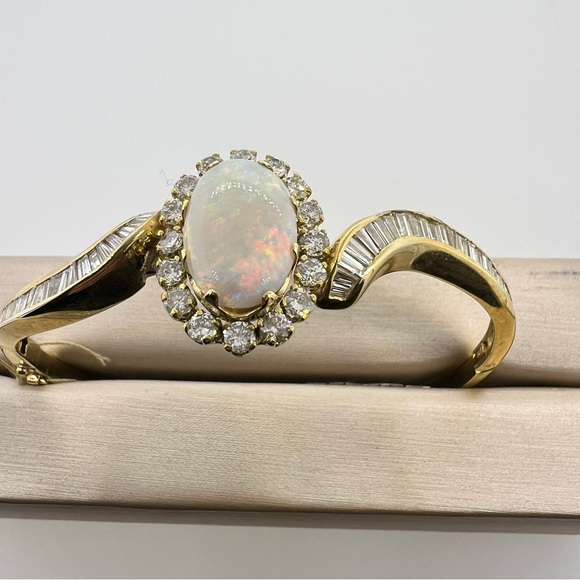 14k Yellow Gold Opal & Diamond Bangle Bracelet - Picture 3 of 12